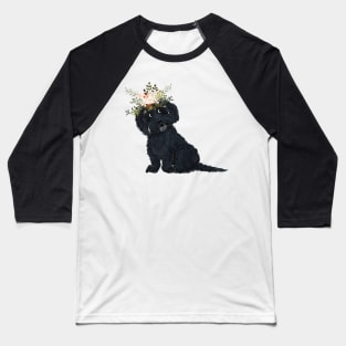 Black Dog with Flowers Baseball T-Shirt